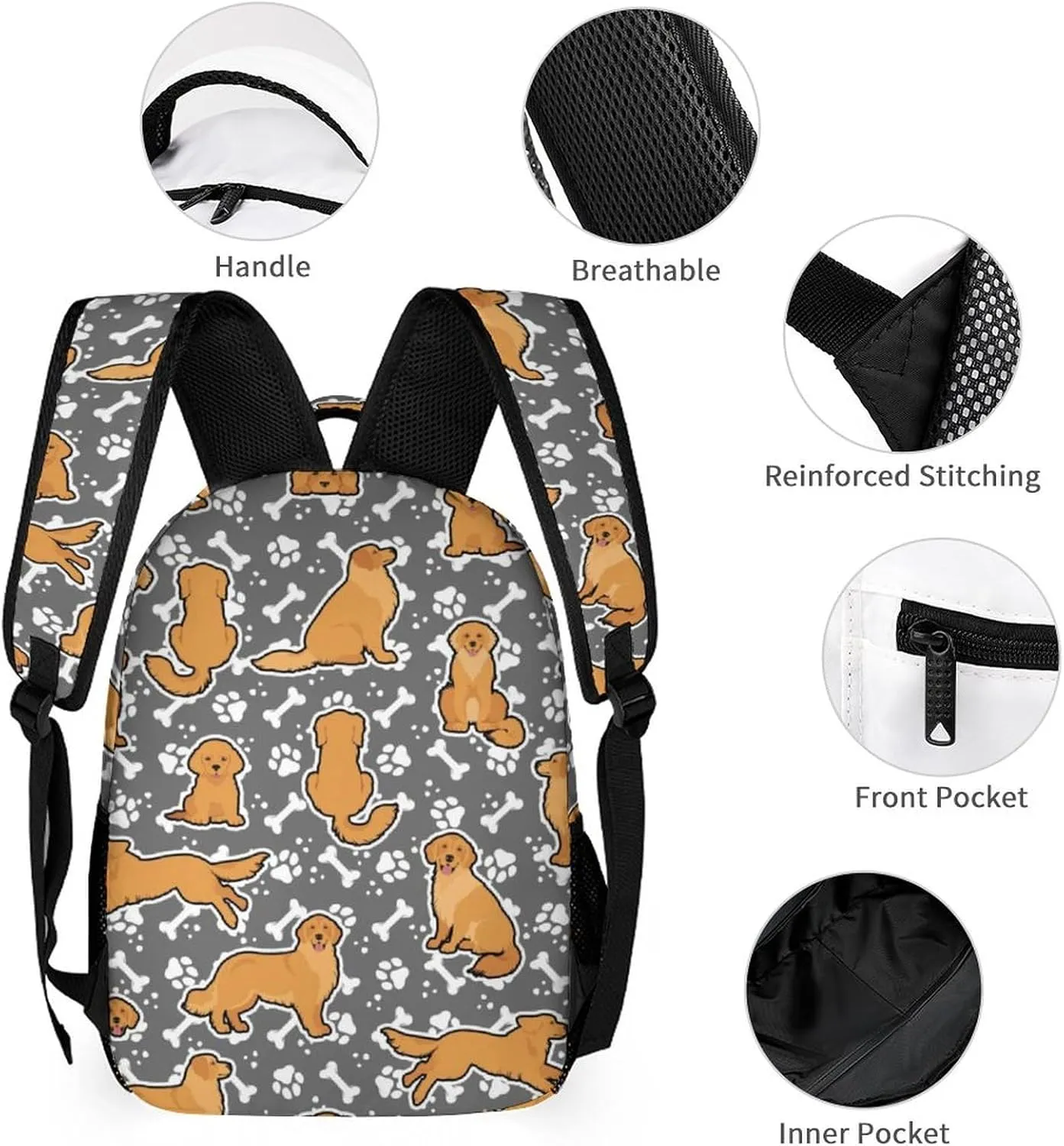 Custom Golden Retriever Backpack for Kids Girls Boys School, 16 Inches Cute Dog Theme Bookbag, Adjustable, Lightweight, Large Capacity, Colorful Daily Casual Backpacks