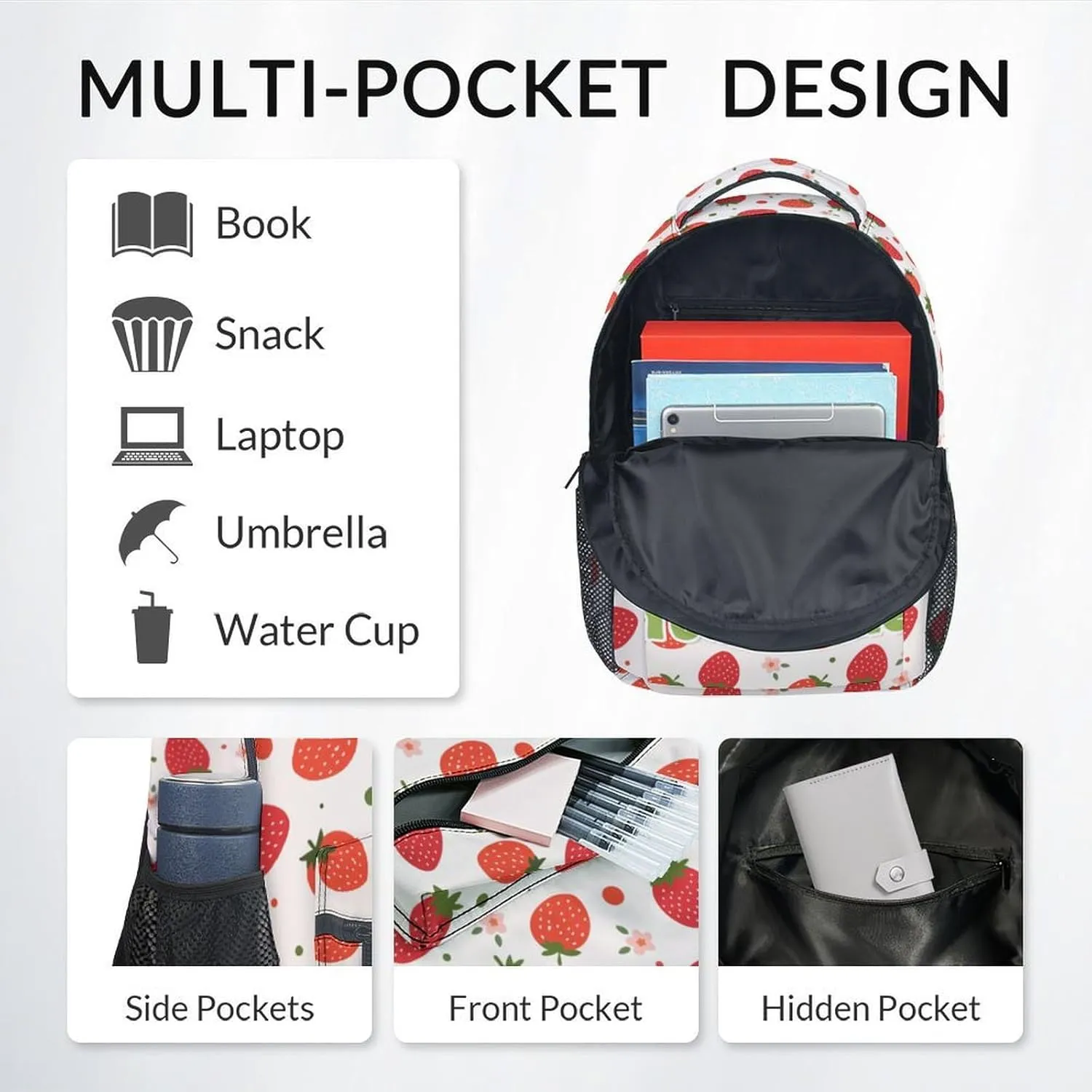 Custom Kid Backpack with Lunch Bag Set for Girls - 3 in 1 Primary Middle School Backpacks Matching Combo - Large Capacity, Durable, Pink Strawberry Bookbag and Pencil Case Bundle