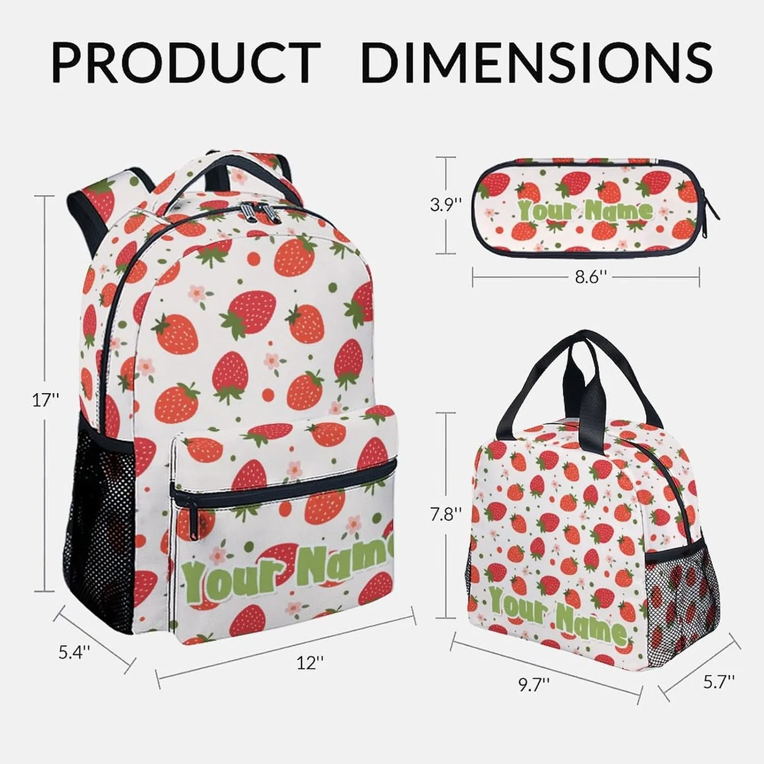 Custom Kid Backpack with Lunch Bag Set for Girls - 3 in 1 Primary Middle School Backpacks Matching Combo - Large Capacity, Durable, Pink Strawberry Bookbag and Pencil Case Bundle