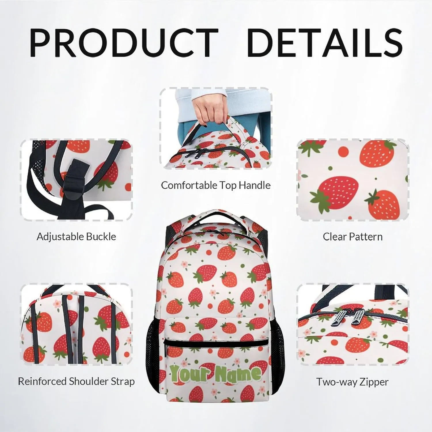 Custom Kid Backpack with Lunch Bag Set for Girls - 3 in 1 Primary Middle School Backpacks Matching Combo - Large Capacity, Durable, Pink Strawberry Bookbag and Pencil Case Bundle