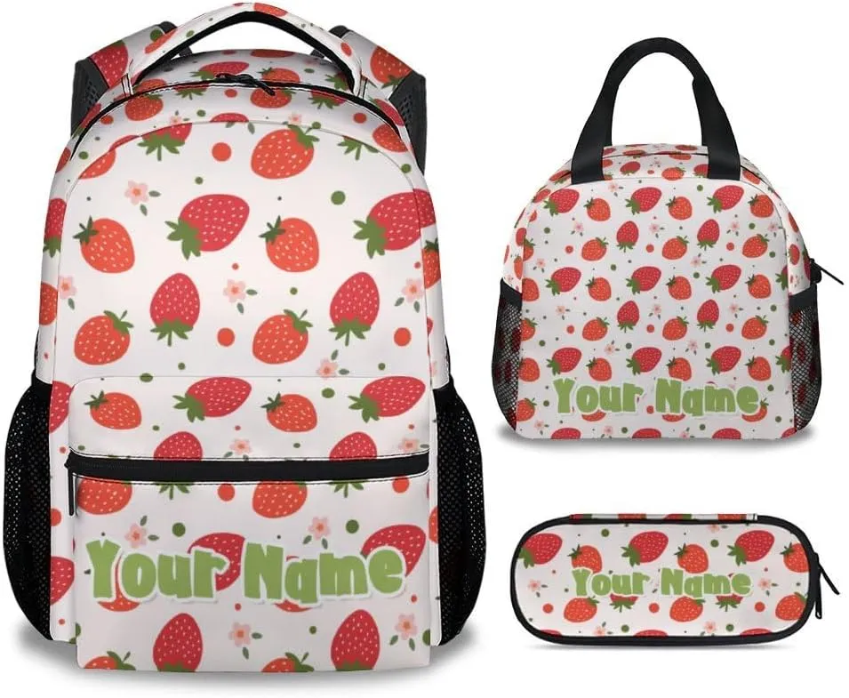 Custom Kid Backpack with Lunch Bag Set for Girls - 3 in 1 Primary Middle School Backpacks Matching Combo - Large Capacity, Durable, Pink Strawberry Bookbag and Pencil Case Bundle