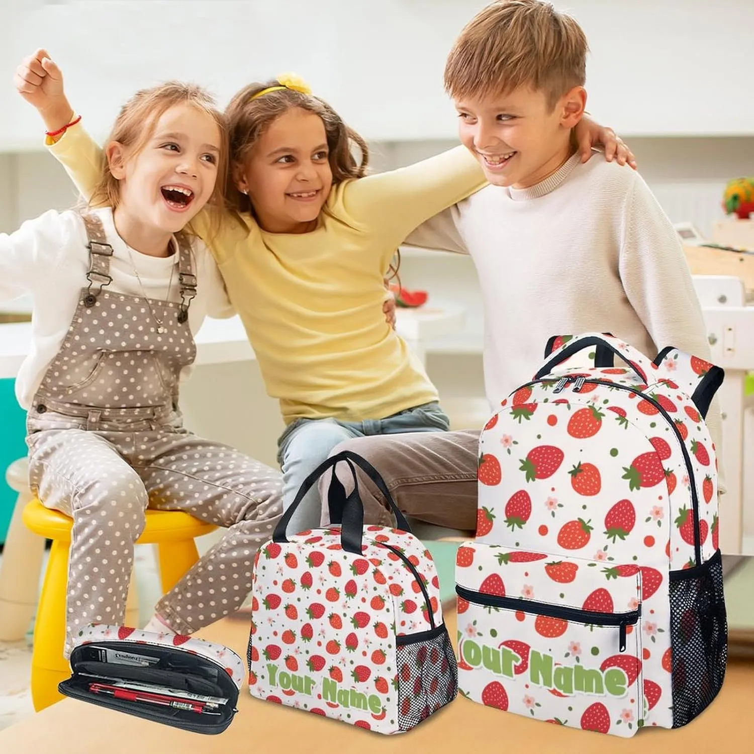 Custom Kid Backpack with Lunch Bag Set for Girls - 3 in 1 Primary Middle School Backpacks Matching Combo - Large Capacity, Durable, Pink Strawberry Bookbag and Pencil Case Bundle