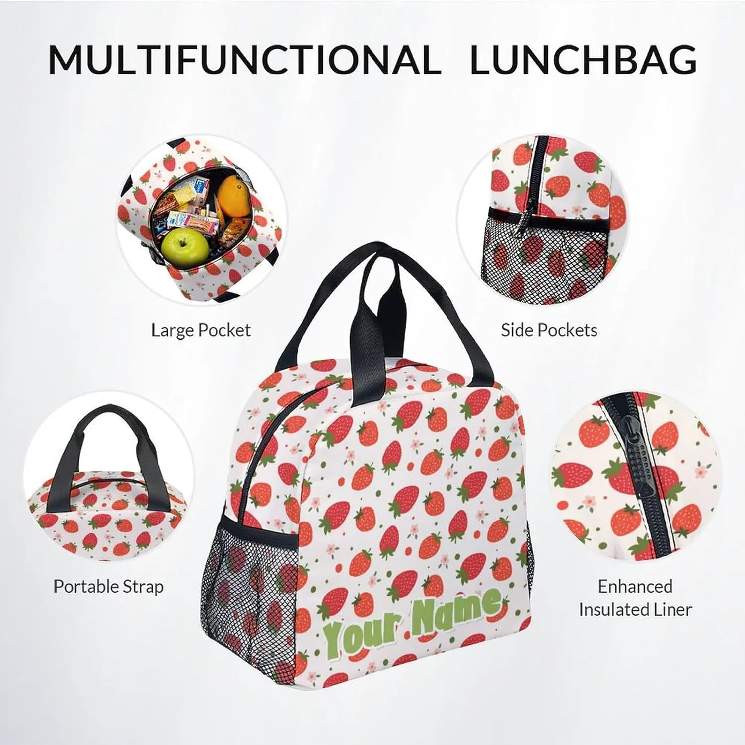 Custom Kid Backpack with Lunch Bag Set for Girls - 3 in 1 Primary Middle School Backpacks Matching Combo - Large Capacity, Durable, Pink Strawberry Bookbag and Pencil Case Bundle