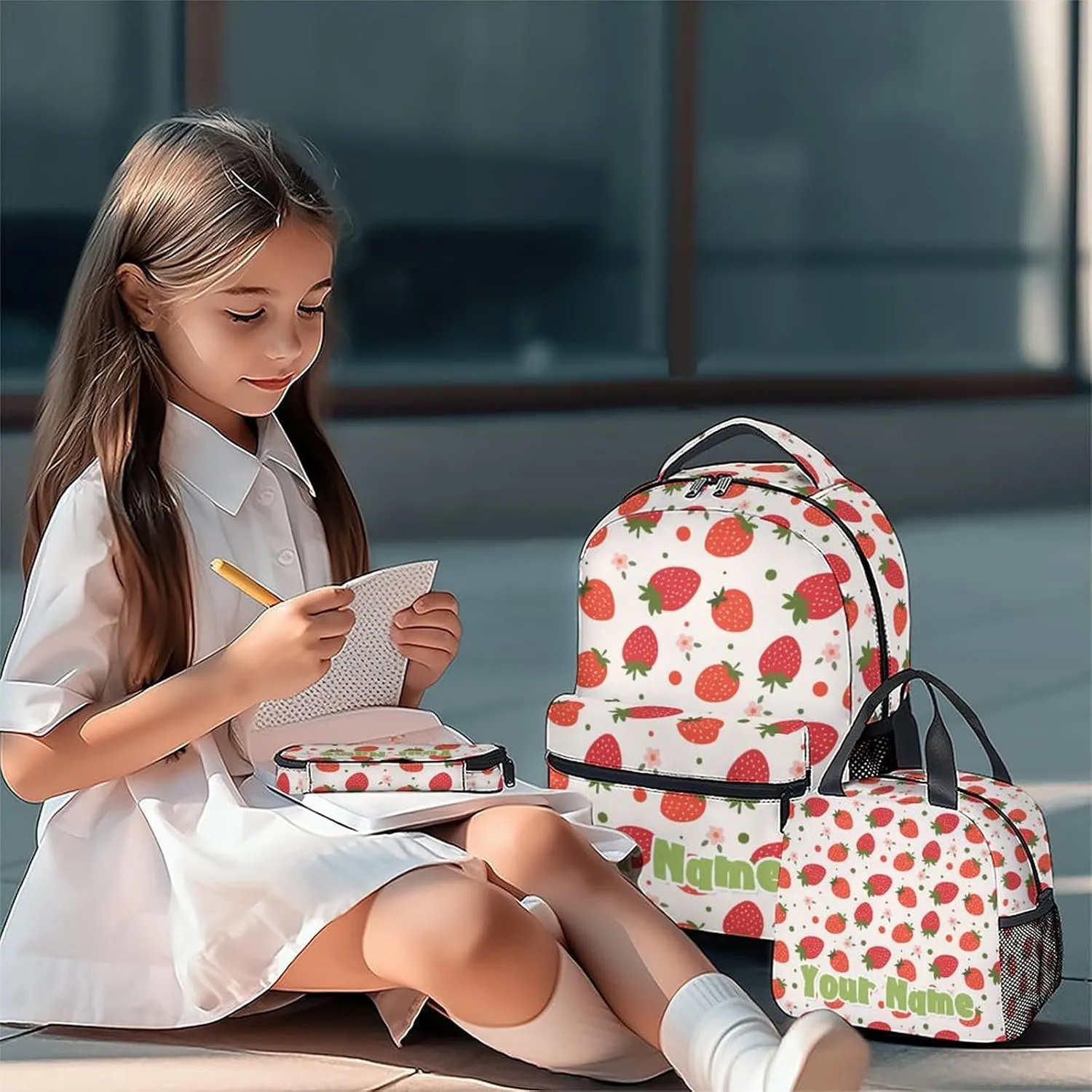 Custom Kid Backpack with Lunch Bag Set for Girls - 3 in 1 Primary Middle School Backpacks Matching Combo - Large Capacity, Durable, Pink Strawberry Bookbag and Pencil Case Bundle