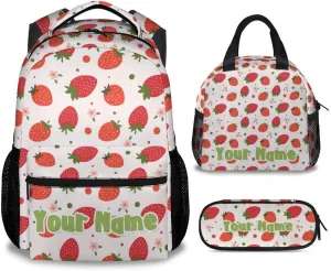 Custom Kid Backpack with Lunch Bag Set for Girls - 3 in 1 Primary Middle School Backpacks Matching Combo - Large Capacity, Durable, Pink Strawberry Bookbag and Pencil Case Bundle