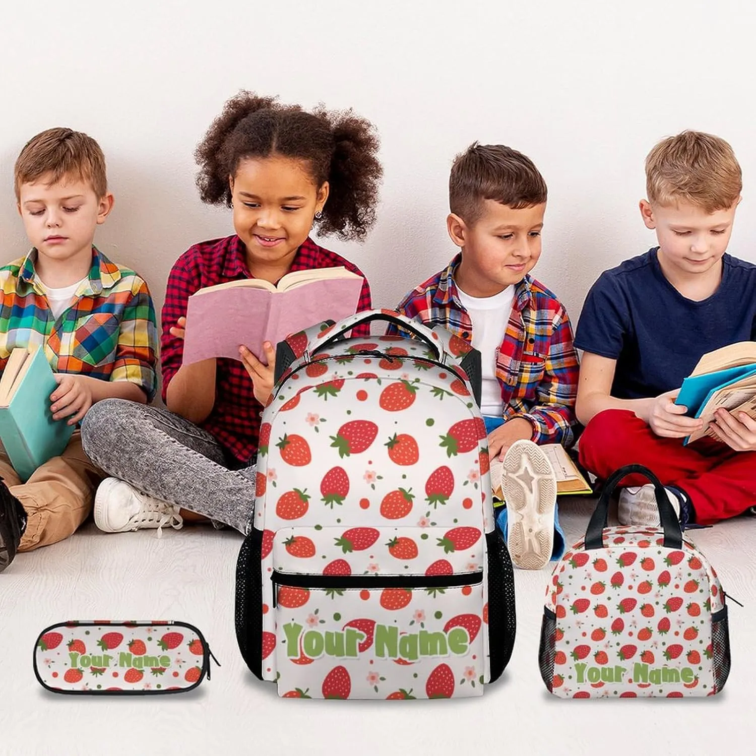 Custom Kid Backpack with Lunch Bag Set for Girls - 3 in 1 Primary Middle School Backpacks Matching Combo - Large Capacity, Durable, Pink Strawberry Bookbag and Pencil Case Bundle