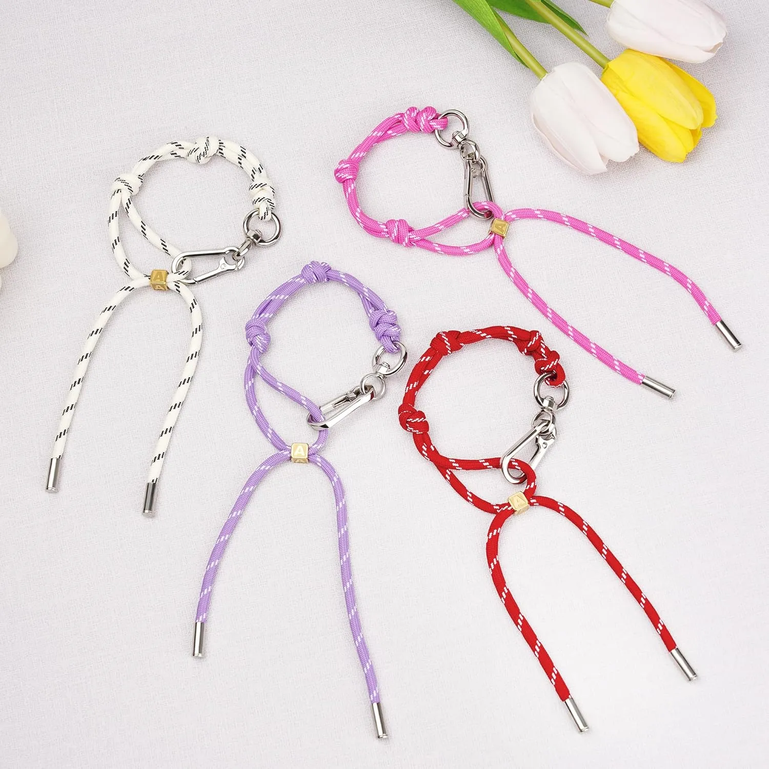 Cute Initials Charm Rope Keychain for Women Men Carabiner Knot Lanyard Keyring, Charms for Purse Handbag Backpacks