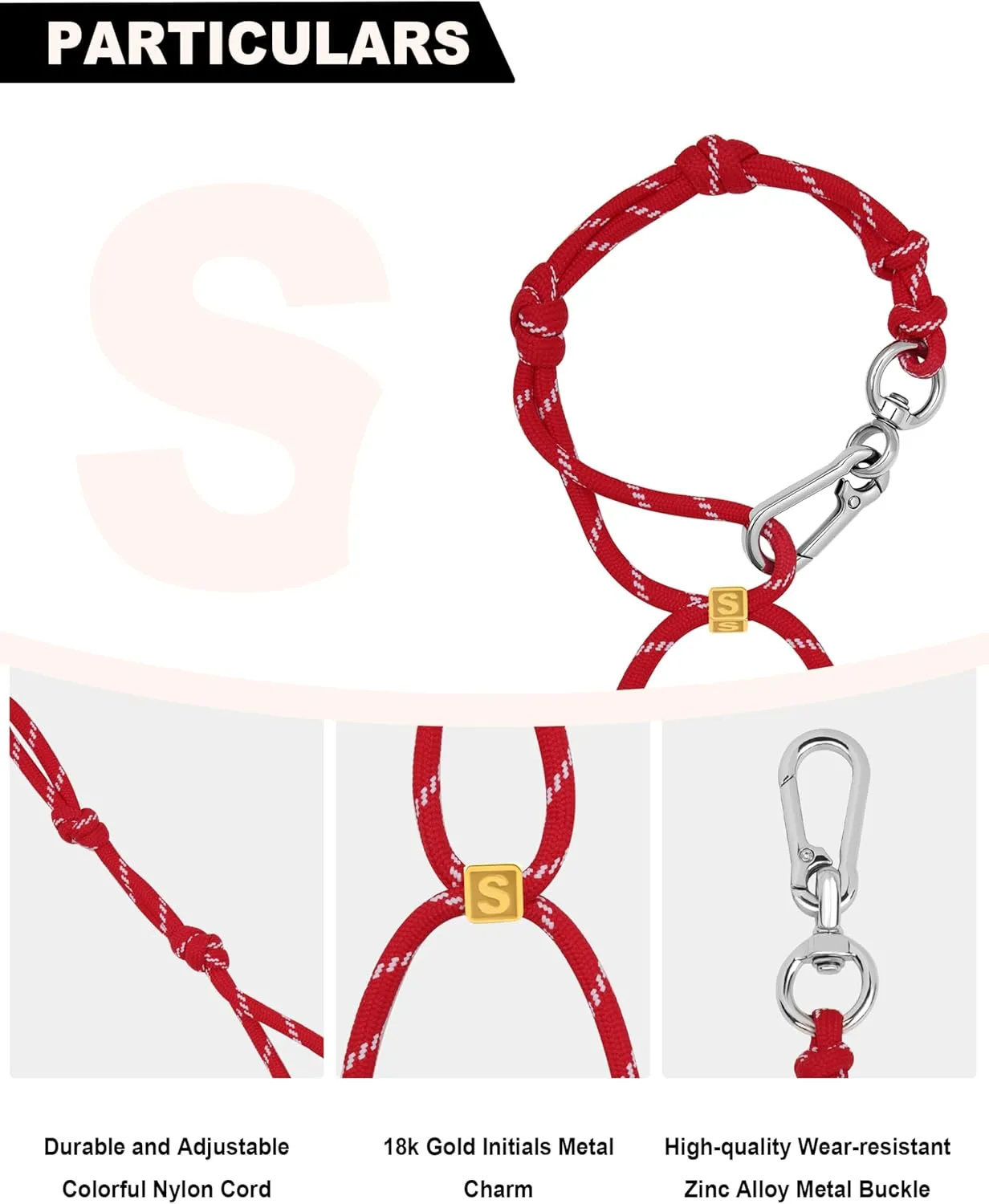 Cute Initials Charm Rope Keychain for Women Men Carabiner Knot Lanyard Keyring, Charms for Purse Handbag Backpacks