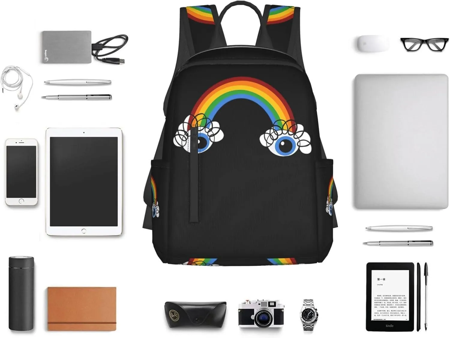 Cute Rainbow Eyes Casual Backpacks Large Capacity Laptop Backpack Sports Rucksack Travel Daypack Adjustable Shoulder Strap Work Bag for Outdoor Camping