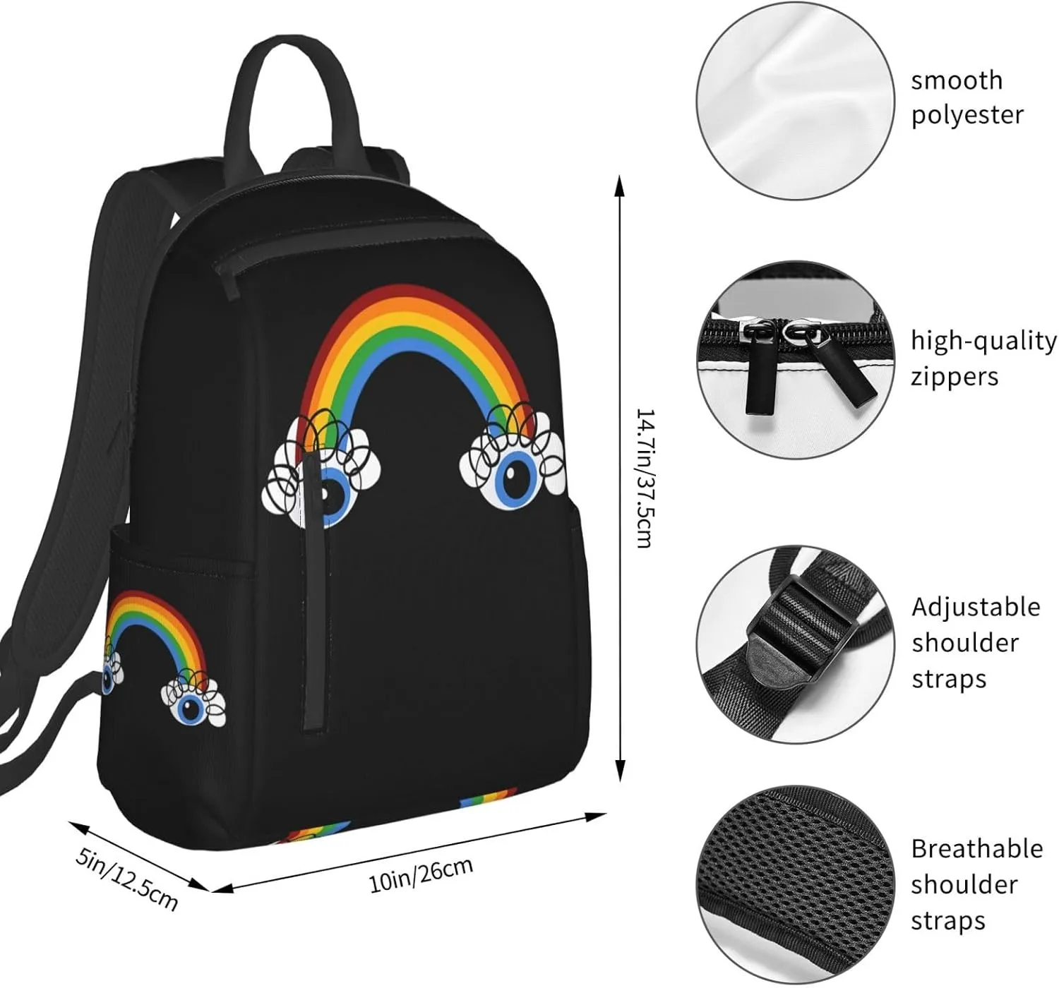 Cute Rainbow Eyes Casual Backpacks Large Capacity Laptop Backpack Sports Rucksack Travel Daypack Adjustable Shoulder Strap Work Bag for Outdoor Camping