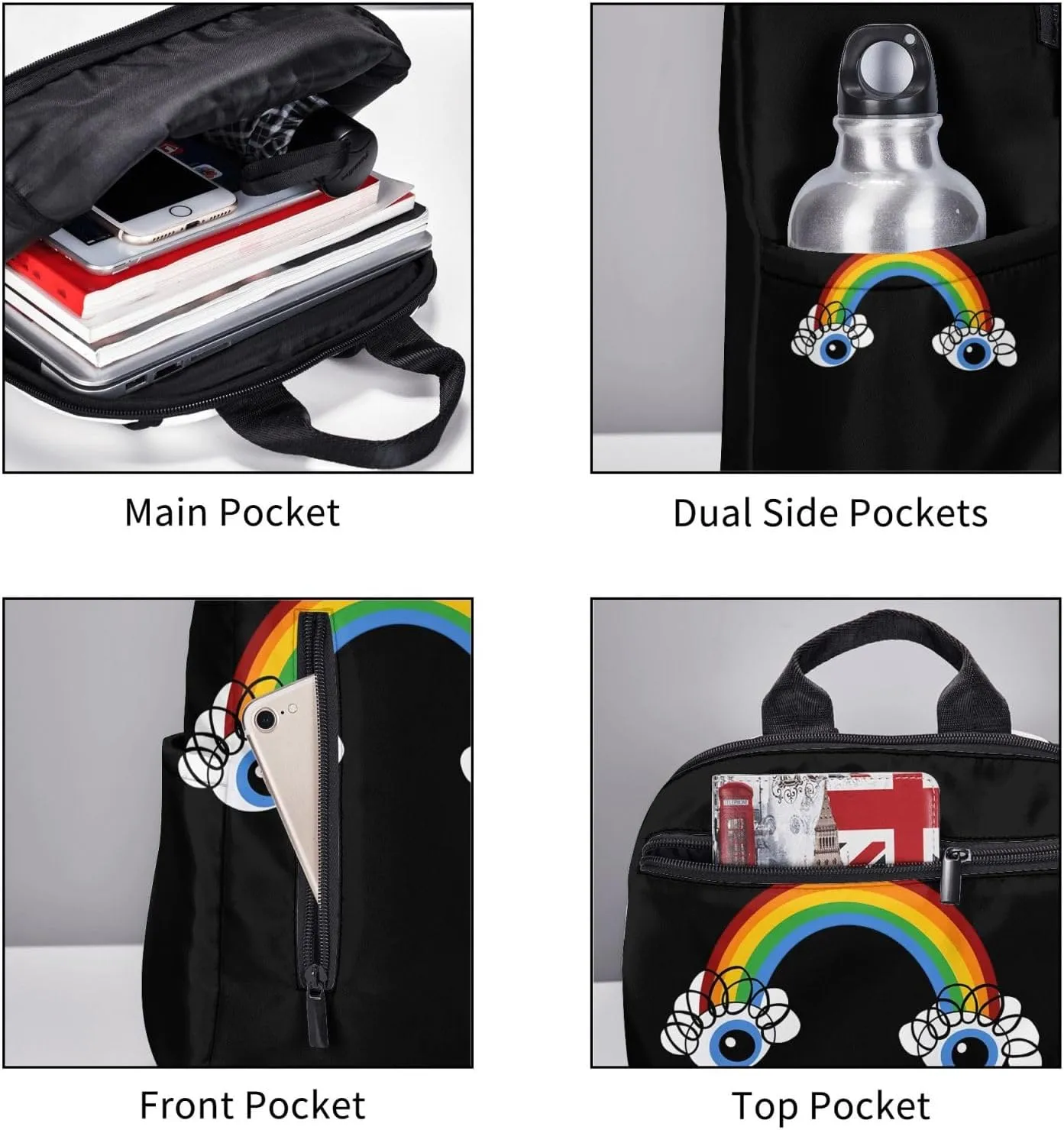 Cute Rainbow Eyes Casual Backpacks Large Capacity Laptop Backpack Sports Rucksack Travel Daypack Adjustable Shoulder Strap Work Bag for Outdoor Camping