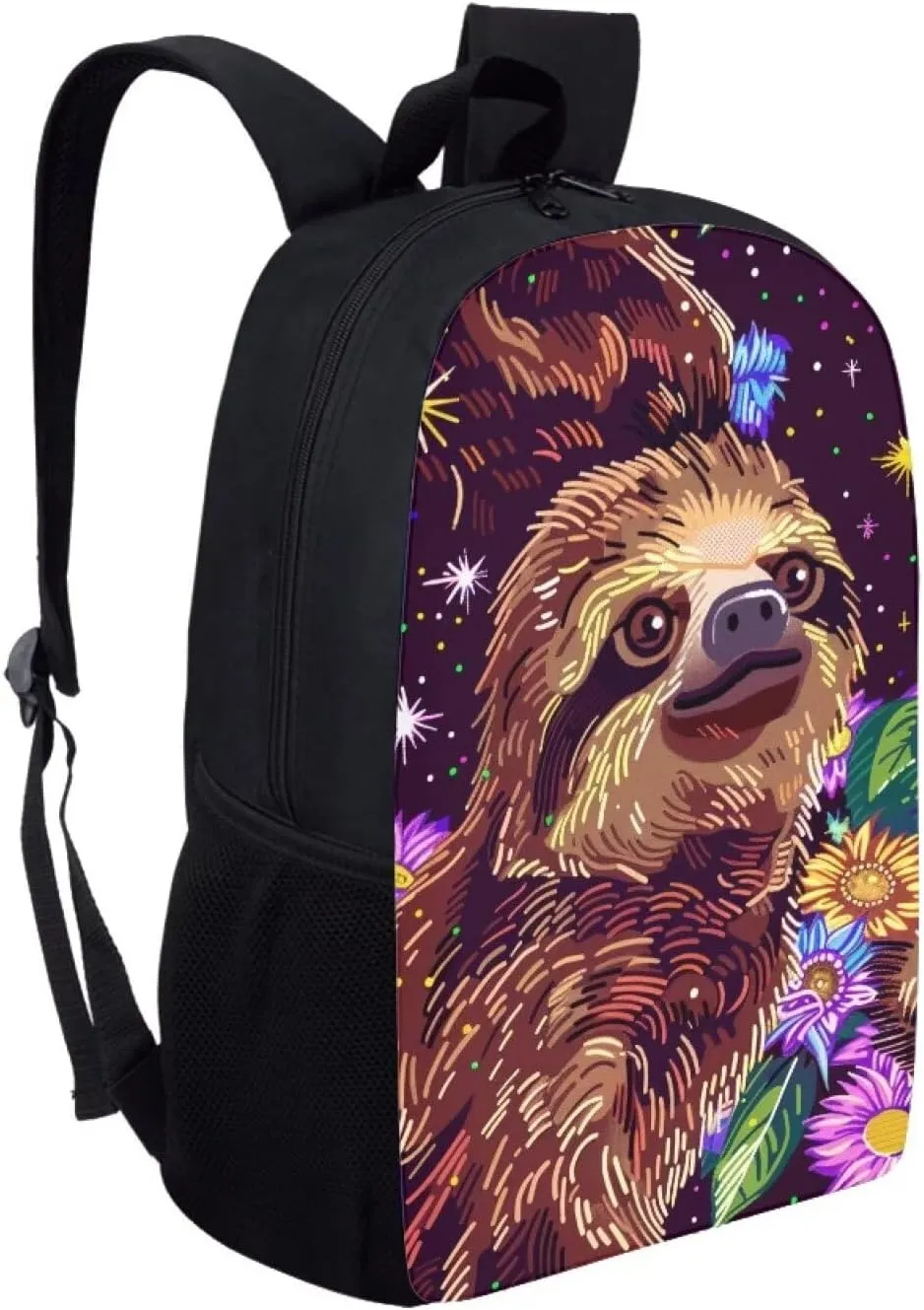 Cute Sloth Floral Print Vibrant Animal Pattern Student Backpack 17 Inch Bag for Teens，Perfect for Sports & Campus Life