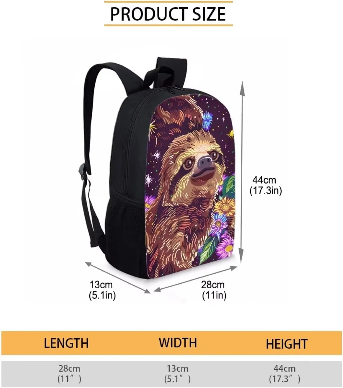Cute Sloth Floral Print Vibrant Animal Pattern Student Backpack 17 Inch Bag for Teens，Perfect for Sports & Campus Life