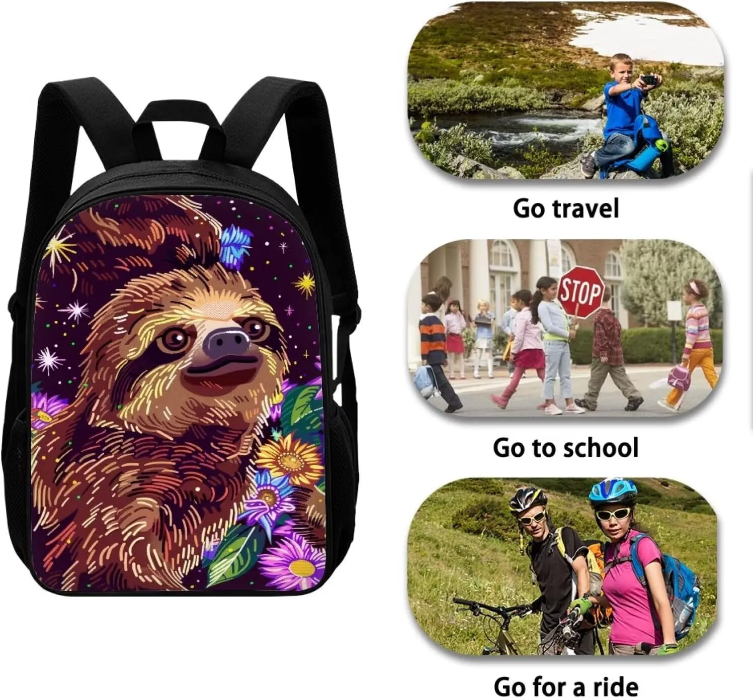 Cute Sloth Floral Print Vibrant Animal Pattern Student Backpack 17 Inch Bag for Teens，Perfect for Sports & Campus Life
