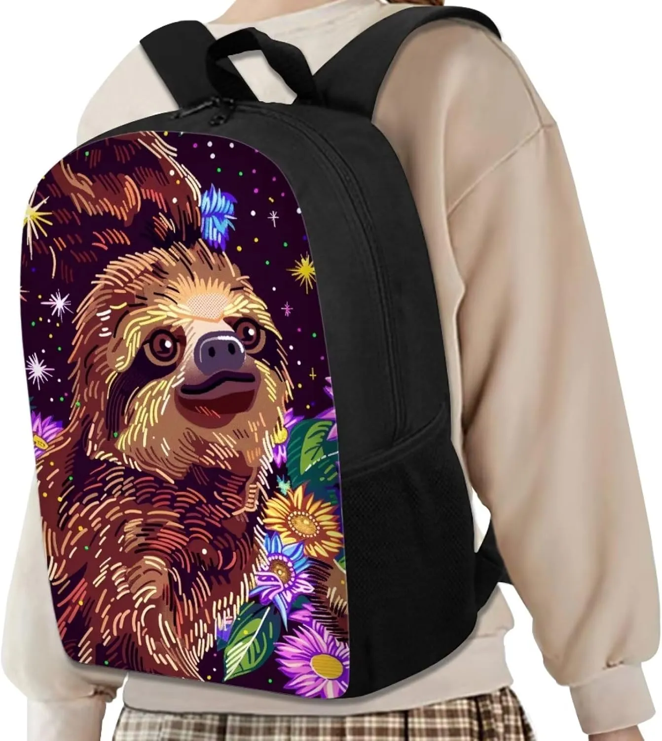 Cute Sloth Floral Print Vibrant Animal Pattern Student Backpack 17 Inch Bag for Teens，Perfect for Sports & Campus Life