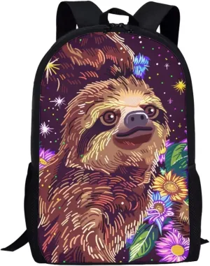 Cute Sloth Floral Print Vibrant Animal Pattern Student Backpack 17 Inch Bag for Teens，Perfect for Sports & Campus Life