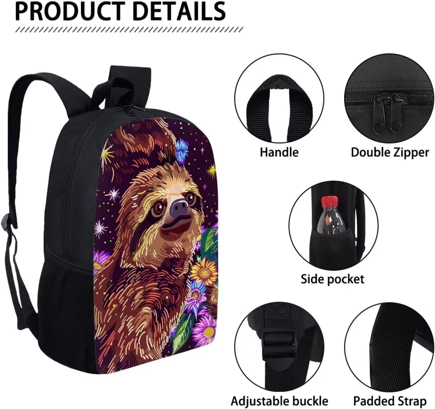 Cute Sloth Floral Print Vibrant Animal Pattern Student Backpack 17 Inch Bag for Teens，Perfect for Sports & Campus Life