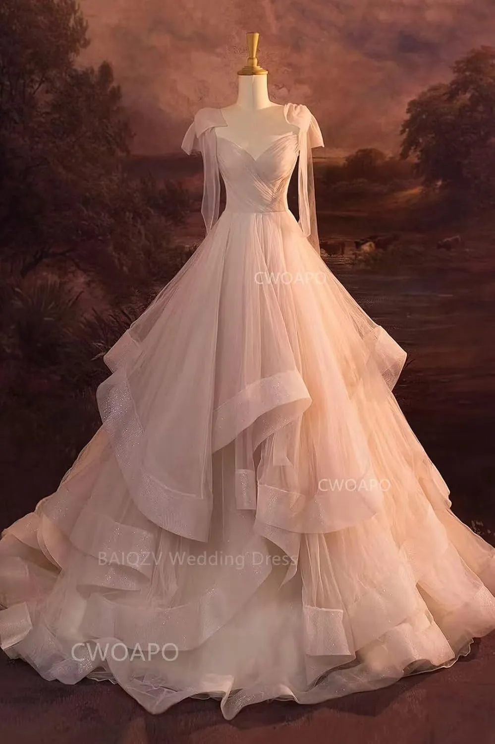 CWOAPO Layered Ruffles Tulle Prom Dresses Spaghetti Strap Ball Gowns Long Elegant V Neck Bow Formal Evening Dresses 2025