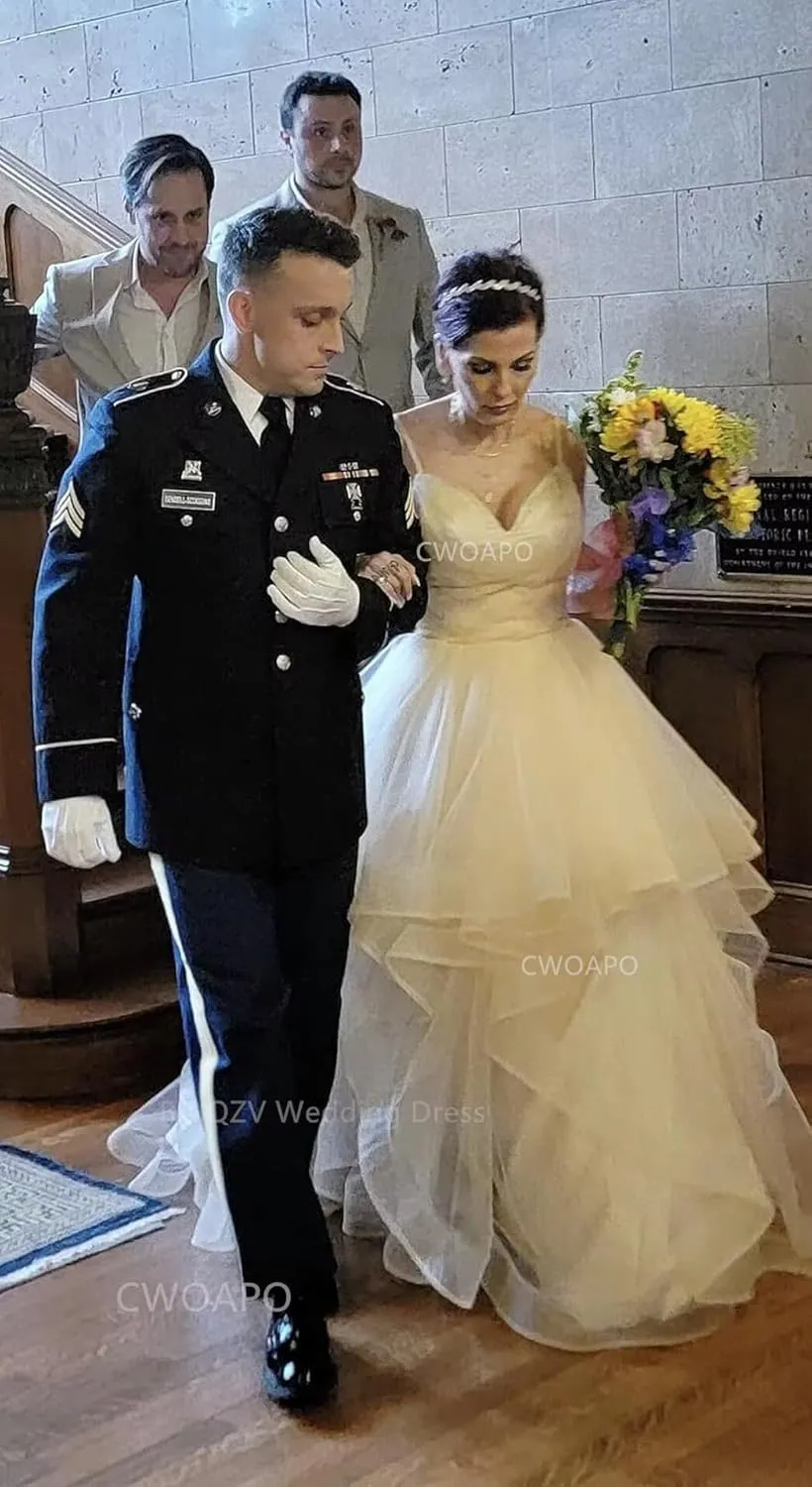 CWOAPO Layered Ruffles Tulle Prom Dresses Spaghetti Strap Ball Gowns Long Elegant V Neck Bow Formal Evening Dresses 2025