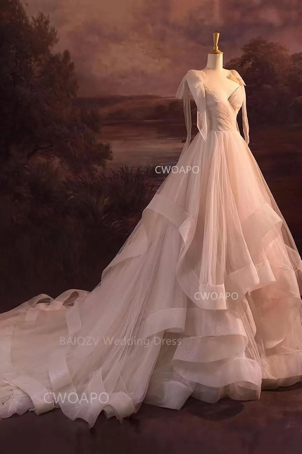 CWOAPO Layered Ruffles Tulle Prom Dresses Spaghetti Strap Ball Gowns Long Elegant V Neck Bow Formal Evening Dresses 2025