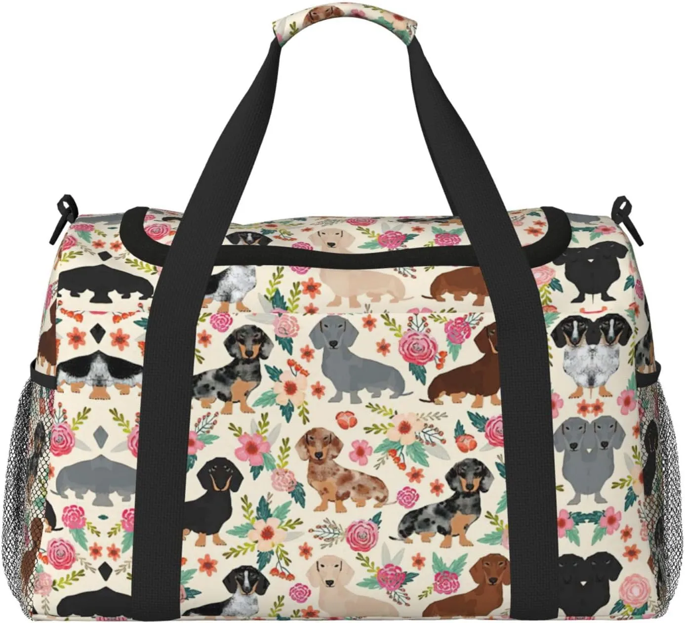 Dachshund Floral Print Everyday Use Travel Duffle Bag Large Capacity Travel Bag Stylish Functional Bag
