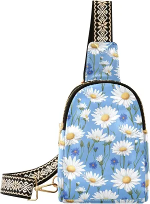 Daisy Blue Mini Crossbody Bag with Full-Print PU Leather Fashion Waist Pack with Adjustable Strap & Card Holder Great for Hiking Fishing Beach Travel & More