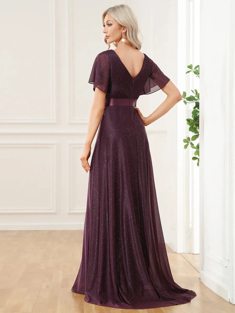 Deep V Neck Ruffles Sleeve A Line Evening Dresses