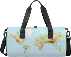 Detailed Natural World Map Sports Duffel Bag, Gym Tote Bag Waterproof Weekender Travel Bag for Overnight Travel Luggage Workout Women Men