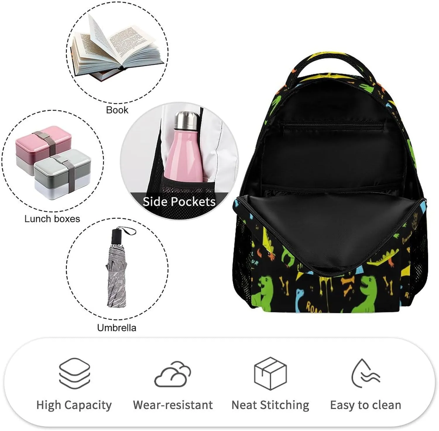 Dinosaur Backpack for Kids Girls Boys School, 16 Inches Cute Jurassic Dinosaurs Theme Bookbag, Adjustable, Lightweight, Large Capacity, Colorful Daily Casual Backpacks