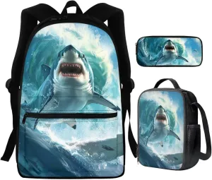 DISNIMO 3D Shark Elementary Backpak with Lunch Box Boys Kids School Bag Set of 3 Cool Middle School Backpacks for Teen Girls Bookbag Back ot School Bag Back Pack Mochilas Para NiñOs