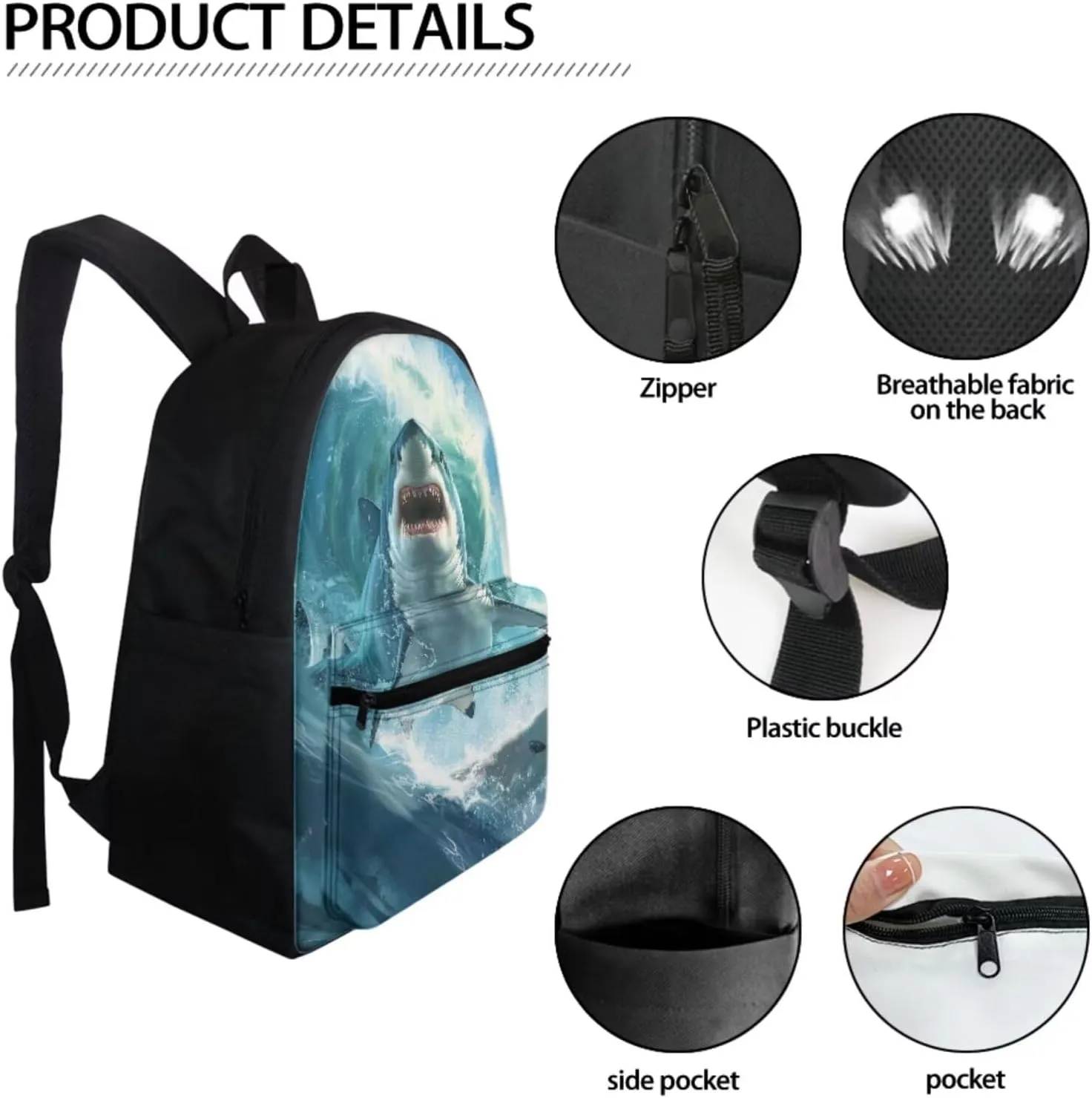 DISNIMO 3D Shark Elementary Backpak with Lunch Box Boys Kids School Bag Set of 3 Cool Middle School Backpacks for Teen Girls Bookbag Back ot School Bag Back Pack Mochilas Para NiñOs