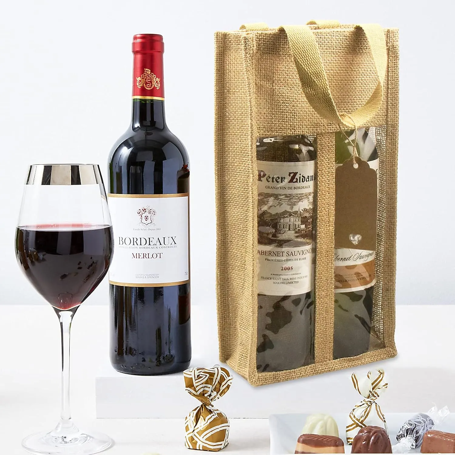 DIWNELEM 2 Pack Burlap Wine Gift Bags with Two Window Double Window Two Bottles Burlap Jute Wine Bottle Bag for Wedding, Party Favors, Christmas, Holiday and Wine Tasting Party