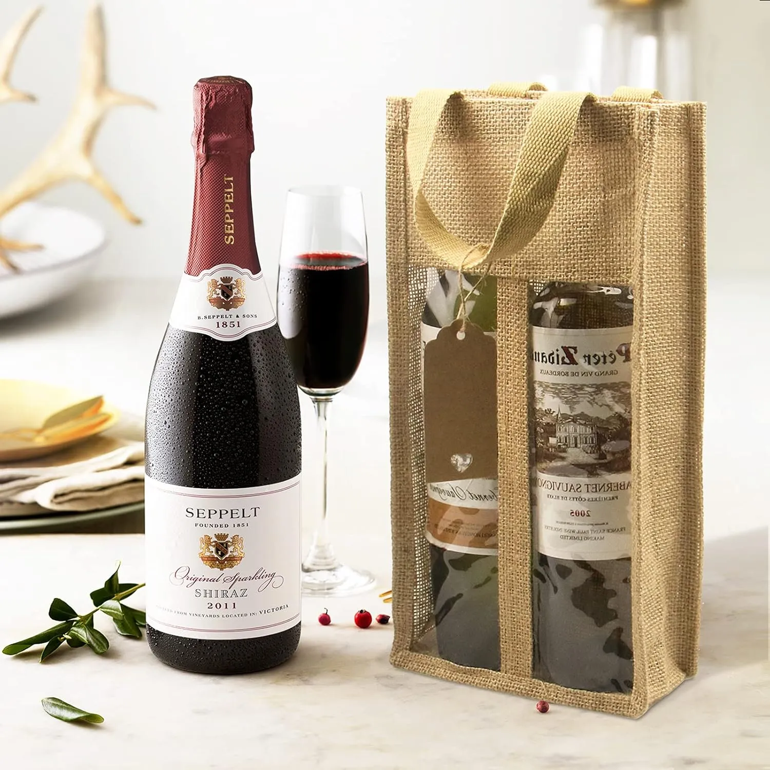 DIWNELEM 2 Pack Burlap Wine Gift Bags with Two Window Double Window Two Bottles Burlap Jute Wine Bottle Bag for Wedding, Party Favors, Christmas, Holiday and Wine Tasting Party