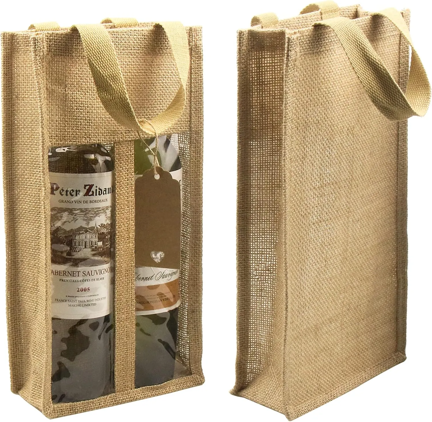 DIWNELEM 2 Pack Burlap Wine Gift Bags with Two Window Double Window Two Bottles Burlap Jute Wine Bottle Bag for Wedding, Party Favors, Christmas, Holiday and Wine Tasting Party