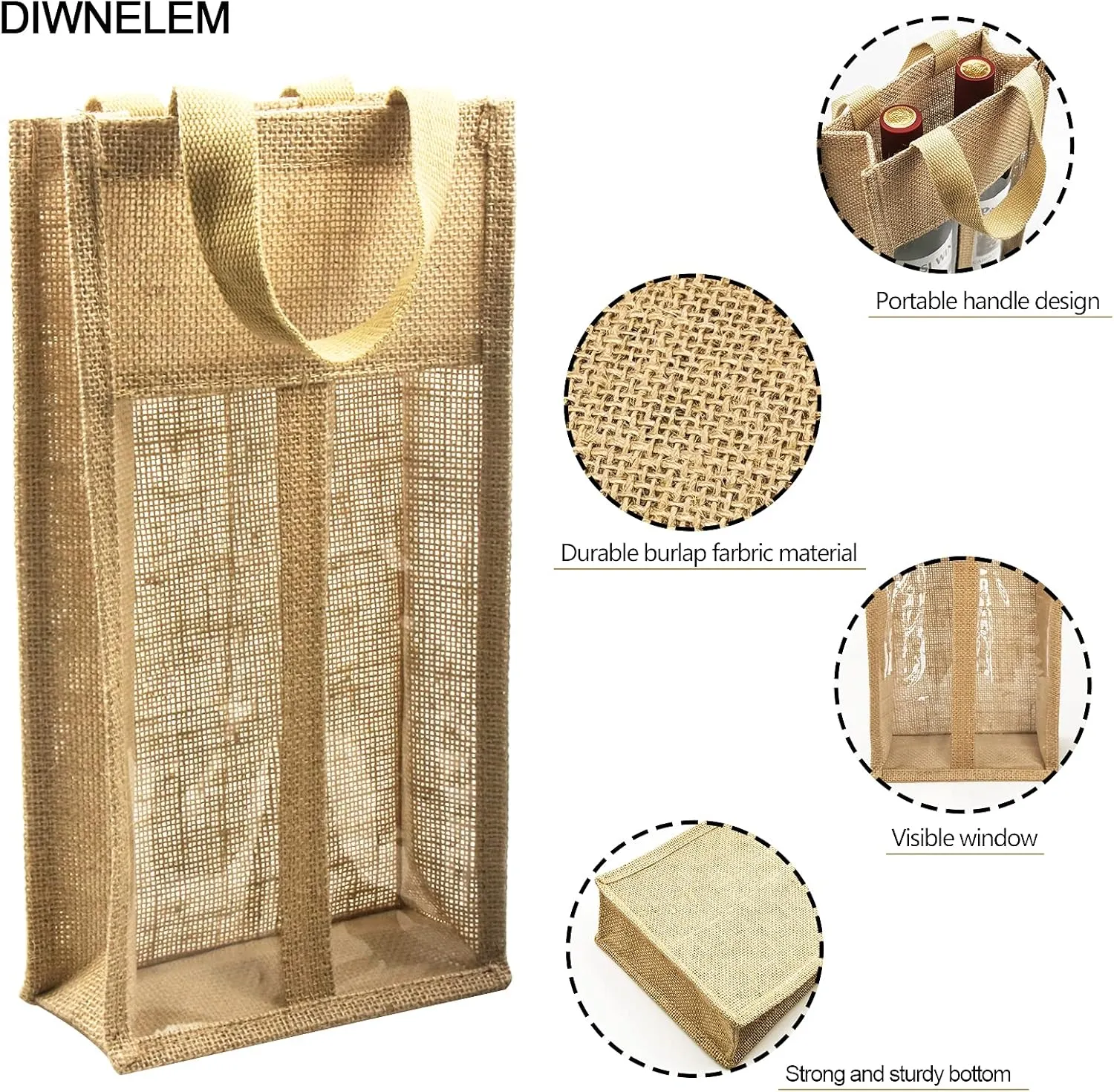 DIWNELEM 2 Pack Burlap Wine Gift Bags with Two Window Double Window Two Bottles Burlap Jute Wine Bottle Bag for Wedding, Party Favors, Christmas, Holiday and Wine Tasting Party