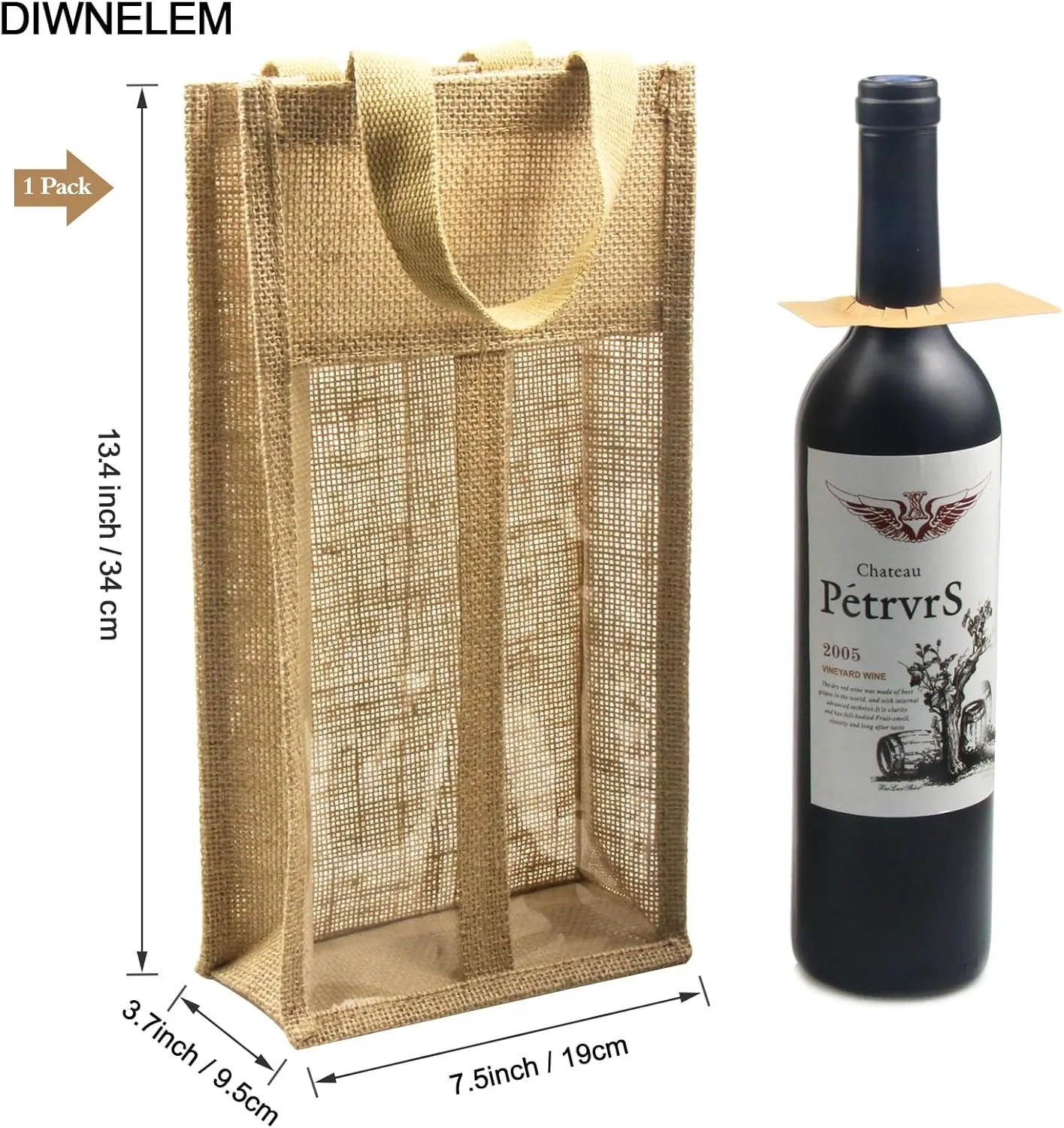 DIWNELEM 2 Pack Burlap Wine Gift Bags with Two Window Double Window Two Bottles Burlap Jute Wine Bottle Bag for Wedding, Party Favors, Christmas, Holiday and Wine Tasting Party