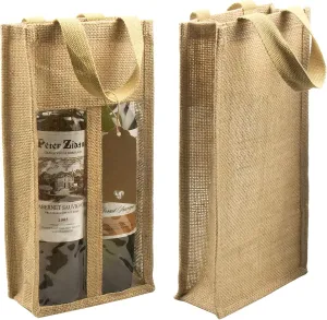 DIWNELEM 2 Pack Burlap Wine Gift Bags with Two Window Double Window Two Bottles Burlap Jute Wine Bottle Bag for Wedding, Party Favors, Christmas, Holiday and Wine Tasting Party