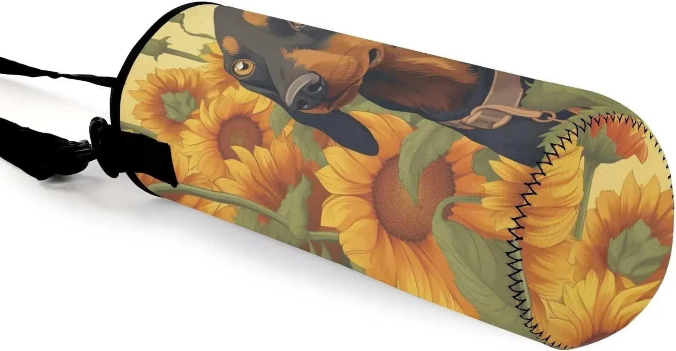 doginthehole Dachshund Water Bottle Carrier Bag with Adjustable Shoulder Strap, Puppy Dog Print Water Bottle Cover Insulated Sleeve Pouch for Stainless Steel/Glass/Plastic Bottles