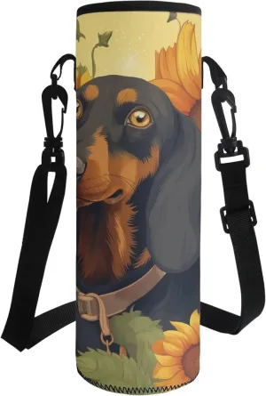 doginthehole Dachshund Water Bottle Carrier Bag with Adjustable Shoulder Strap, Puppy Dog Print Water Bottle Cover Insulated Sleeve Pouch for Stainless Steel/Glass/Plastic Bottles