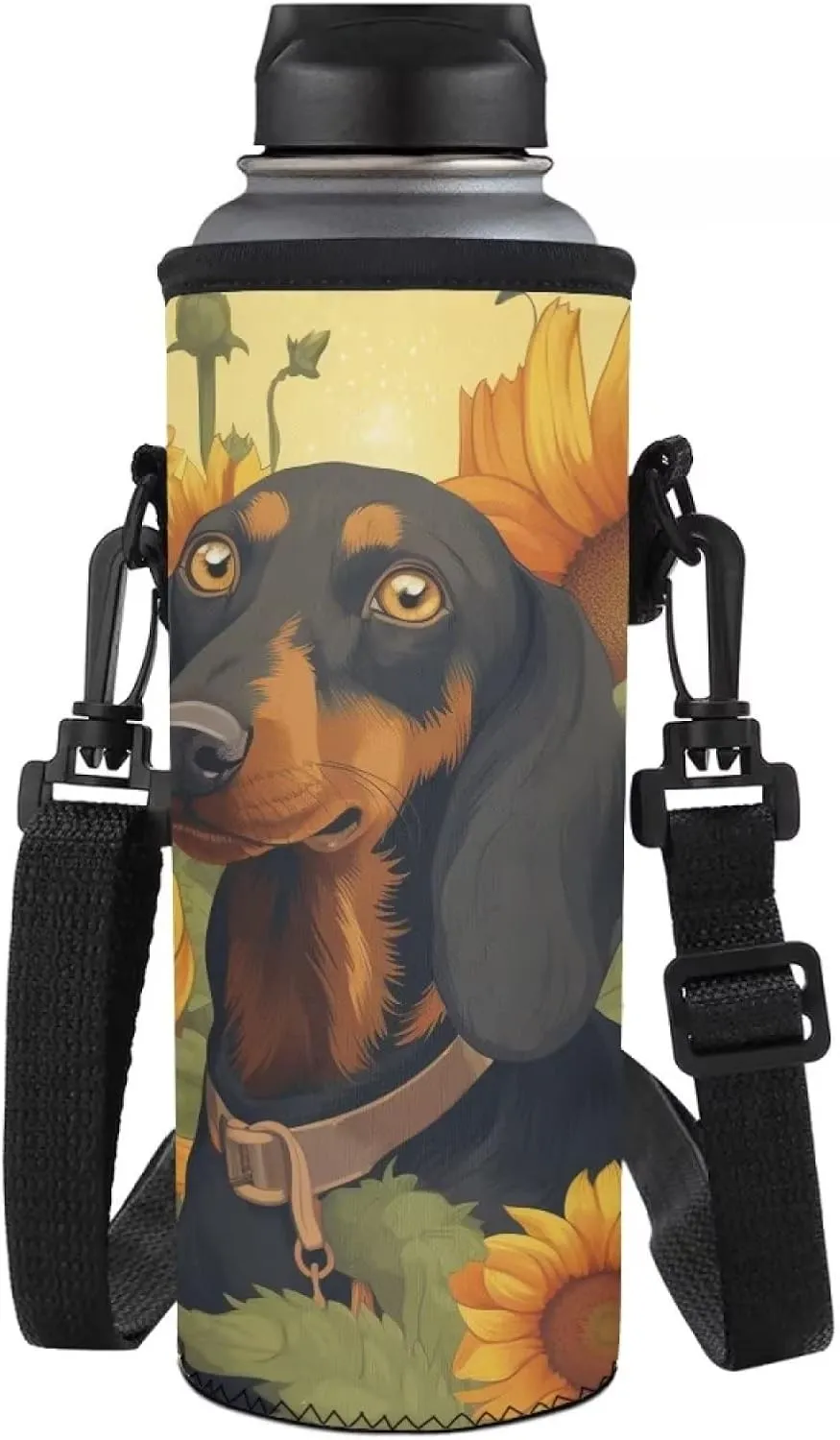 doginthehole Dachshund Water Bottle Carrier Bag with Adjustable Shoulder Strap, Puppy Dog Print Water Bottle Cover Insulated Sleeve Pouch for Stainless Steel/Glass/Plastic Bottles