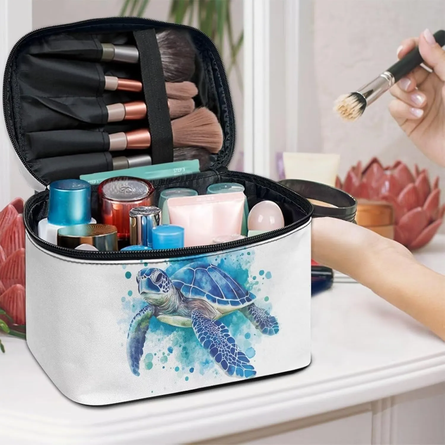 doginthehole Large Makeup Bag Cute Cosmetic Bag for Women Watercolor Sea Turtle Aesthetic Toiletry Bag Travel Make Up Organizer Bag