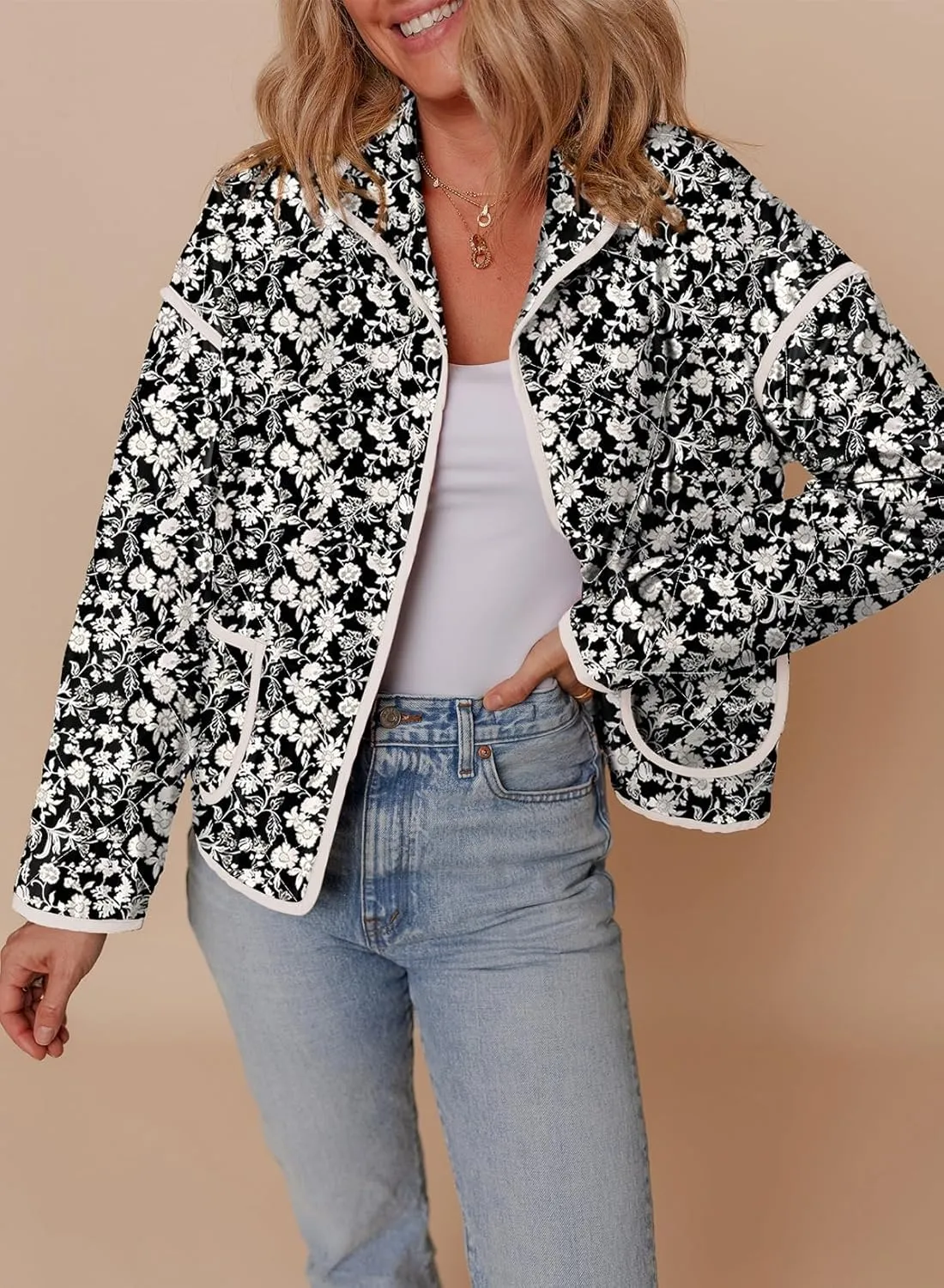Dokotoo Warm Quilted Jackets for Women Long Sleeve Floral Print Button Down Puffer Jacket Coats with Pockets