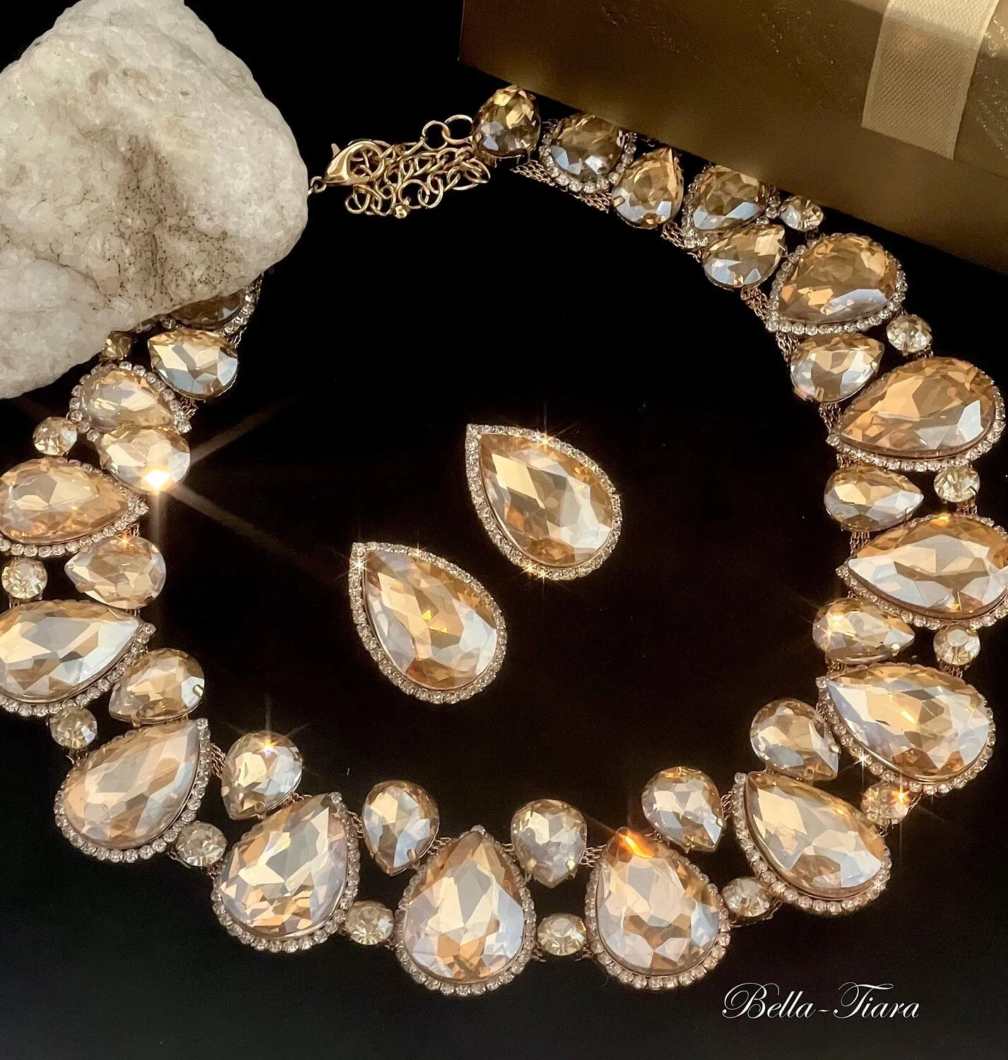 Dominique -  Crystal Champagne evening Statement necklace set