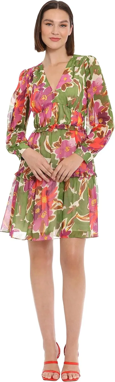 Donna Morgan Women's Long Sleeve V-Neck Tiered Skirt Ruffle Detail Dress Event Party Date Guest of