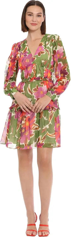 Donna Morgan Women's Long Sleeve V-Neck Tiered Skirt Ruffle Detail Dress Event Party Date Guest of