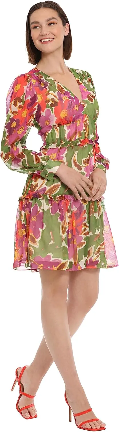 Donna Morgan Women's Long Sleeve V-Neck Tiered Skirt Ruffle Detail Dress Event Party Date Guest of