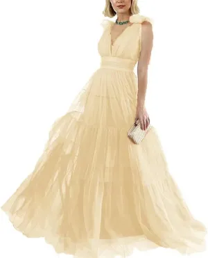 Double V-Neck Tulle Prom Dress for Women Long Spaghetti Straps Backless Formal Evening Party Gowns