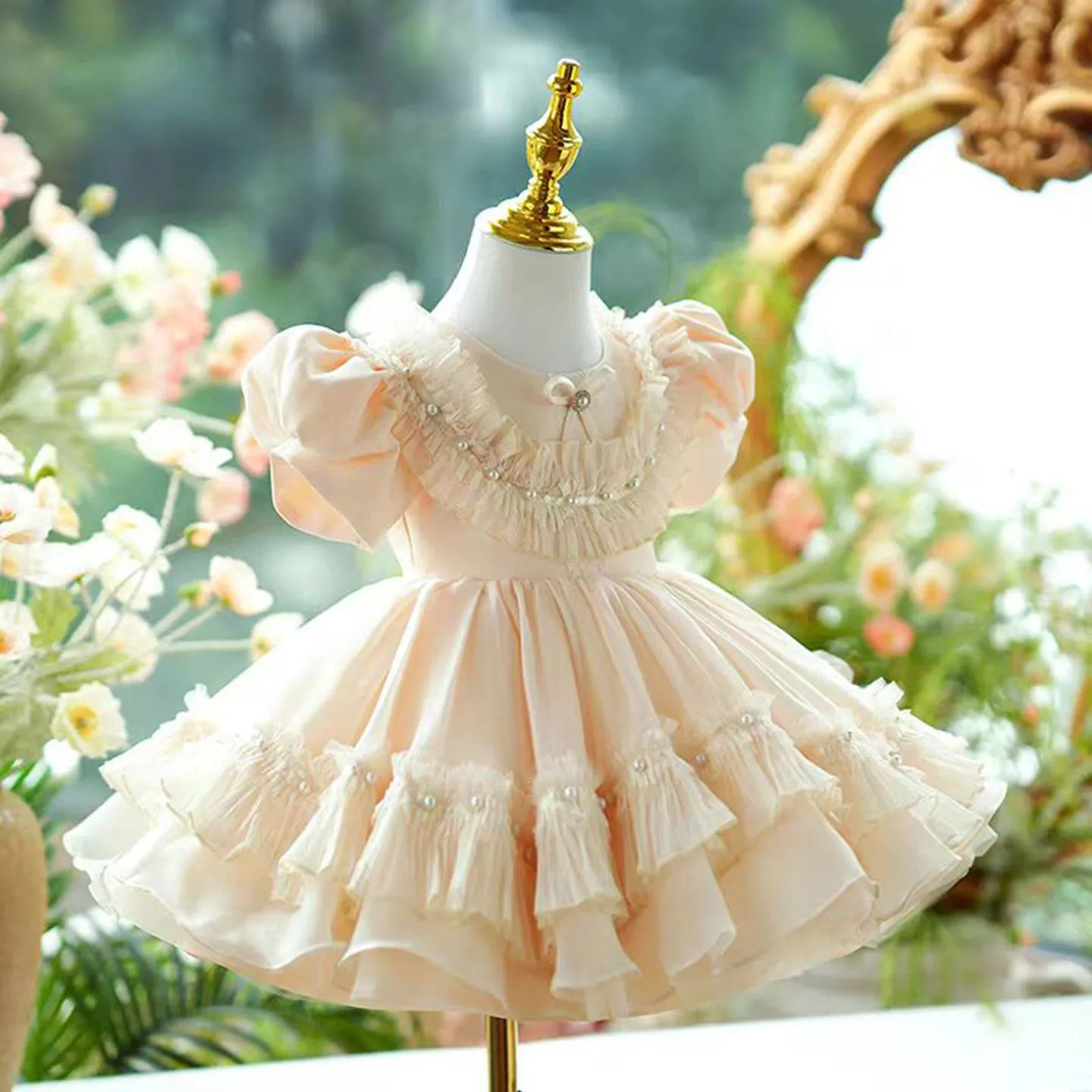 Dreamy Champagne Tulle Girl Dress Lace Toddler Kids 1st Birthday Gown J456