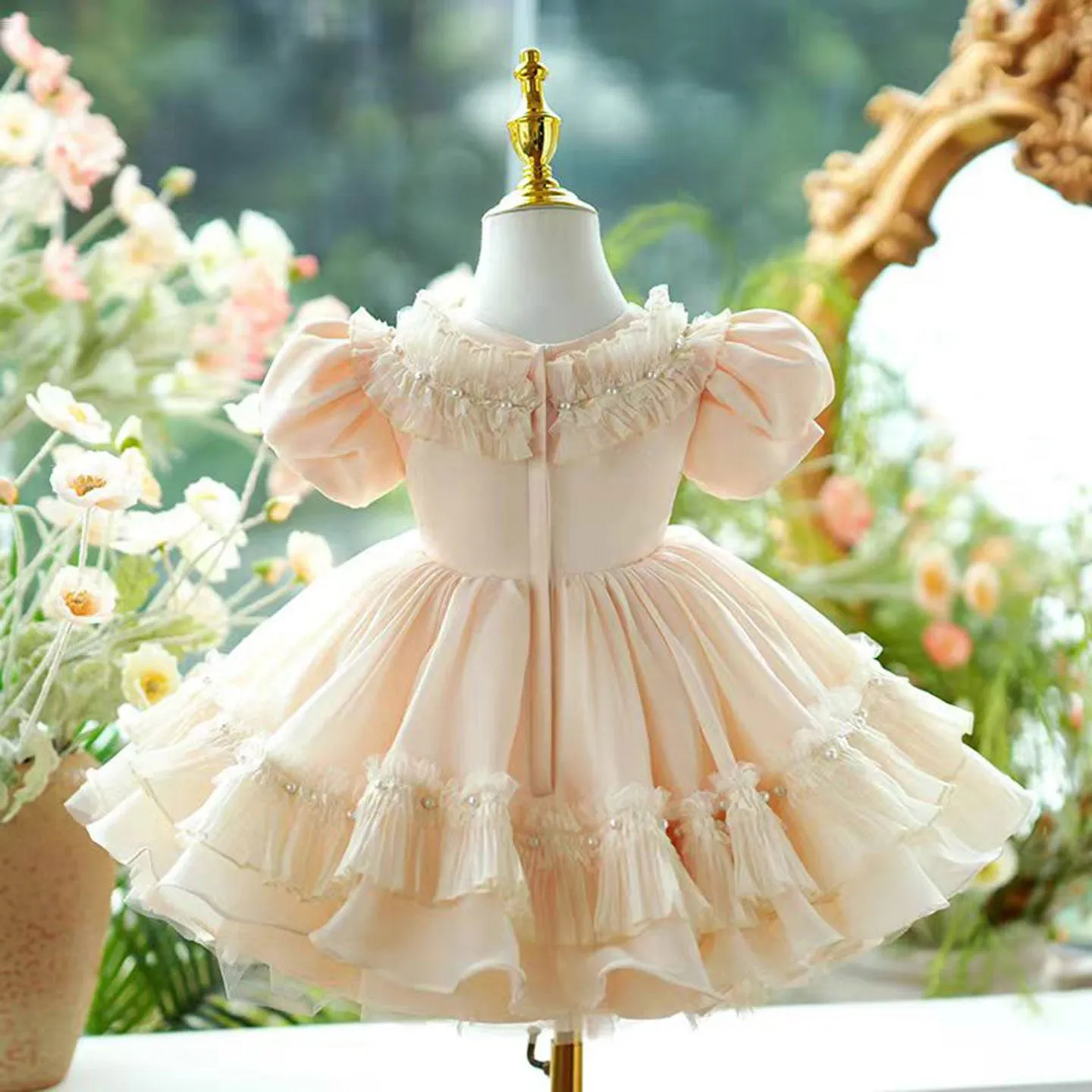 Dreamy Champagne Tulle Girl Dress Lace Toddler Kids 1st Birthday Gown J456