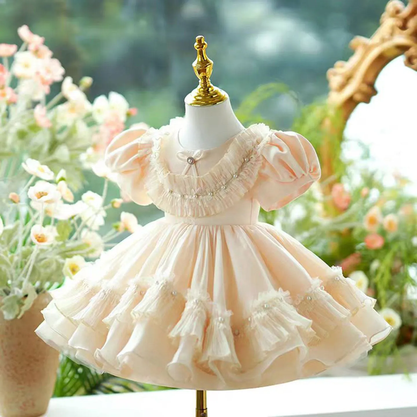 Dreamy Champagne Tulle Girl Dress Lace Toddler Kids 1st Birthday Gown J456